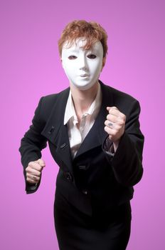 business woman with white mask on pink background