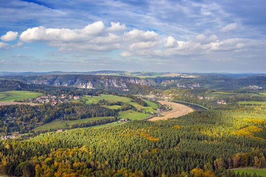 Landscape with river Elbe in Saxony Switzerland on a sunny day in autumn