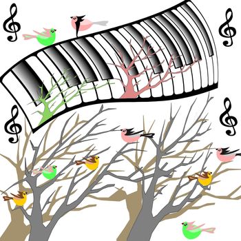 Trees with birds and original keyboard piano