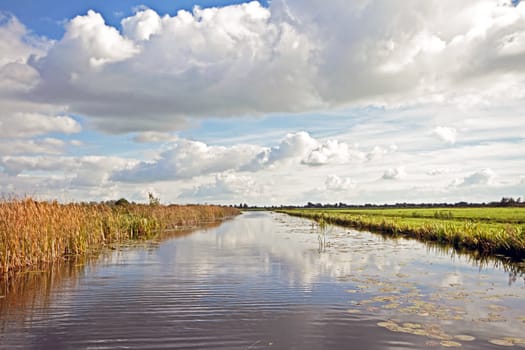 Typical wide dutch landscape with meadows, water and cloudscapes