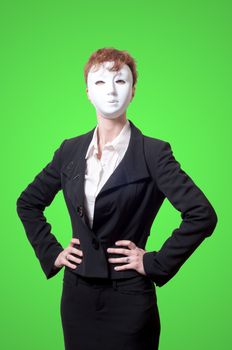 business woman with white mask on green background