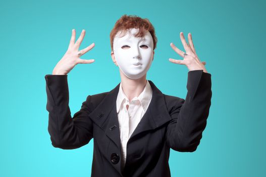 business woman with white mask on blue background