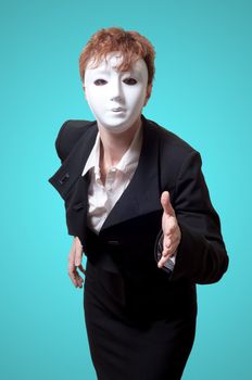 business woman with white mask on blue background