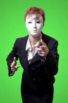 business woman with white mask on green background