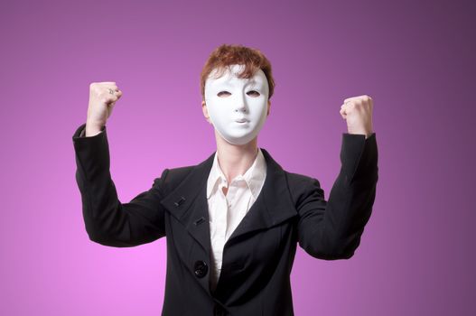 business woman with white mask on pink background