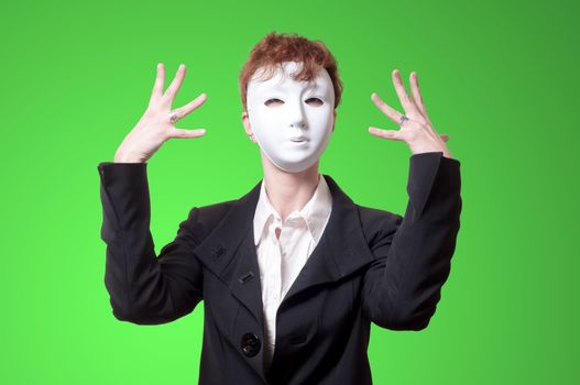business woman with white mask on green background
