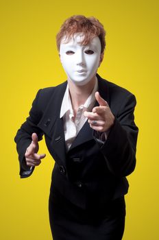 business woman with white mask on yellow background