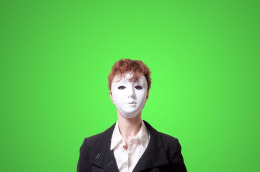 business woman with white mask on green background