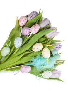 Tulip bouquet and Easter eggs isolated on white