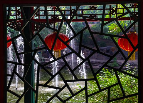 Old Chinese Window Red Lanterns Garden Fountains  Houhai Lake, Beijing