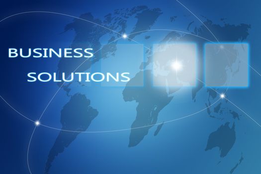 Business Solutions concept Illustration on Blue Background with world map