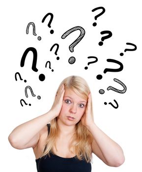 woman with question mark over head looking thoughtful 