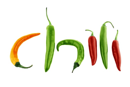 chili word made from Green, yellow and red hot chili pepper on white background with a clipping path