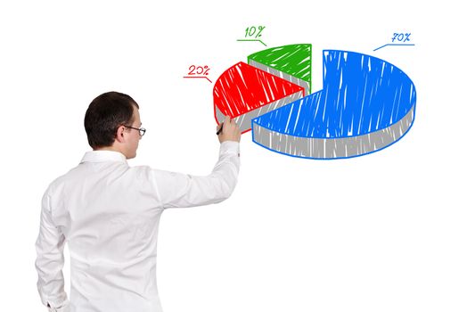 businessman drawing pie chart on blackboard on white background