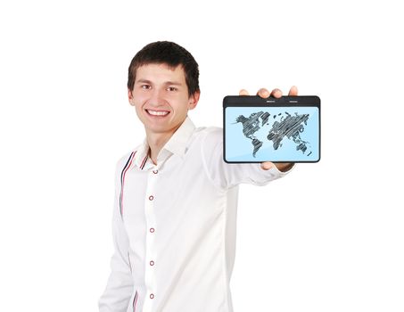 digital tablet with world map in hand