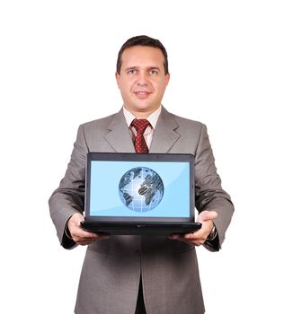 businessman with global communications on screen