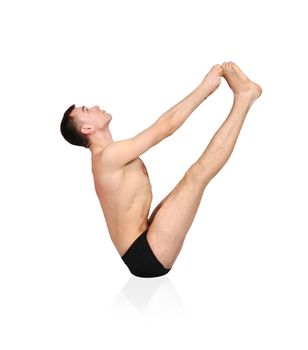 man doing yoga on white background