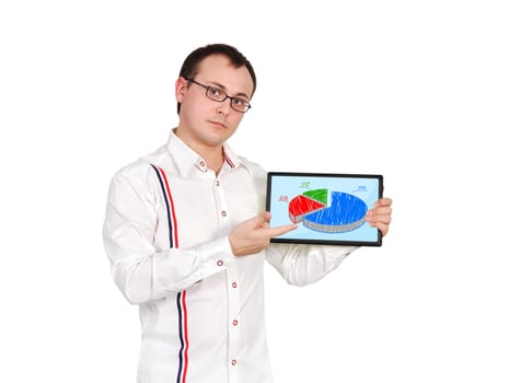 businessman holding tablet with business chart