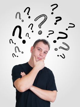 man with question mark over head looking thoughtful