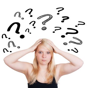 woman with question mark over head looking thoughtful 
