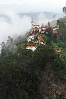 Aeriel view of Monserrate church perched high above Bogota, Colombia