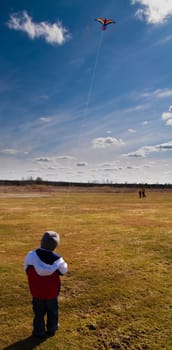Little boy playing with a kite in a field