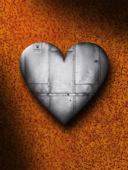 Sheet metal heart against a rusty background texture