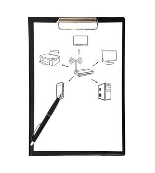 clipboard with drawing wi-fi scheme on white background