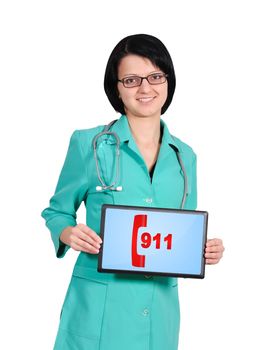 doctor pointing at 911 symbol on touchpad