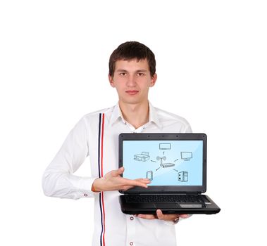 businessman with notebook and scheme wi-fi on screen