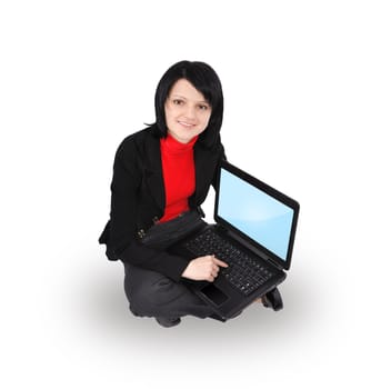 woman with laptop on white background