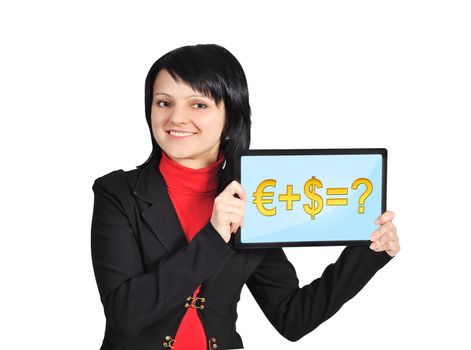 businesswoman holding touch pad with business formula