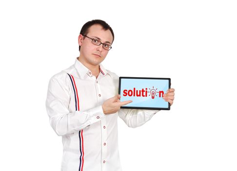 businessman holding touch pad with solution sign