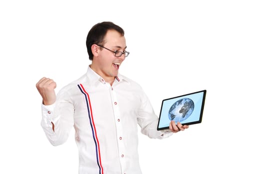 happy man holding touch pad with earth on screen