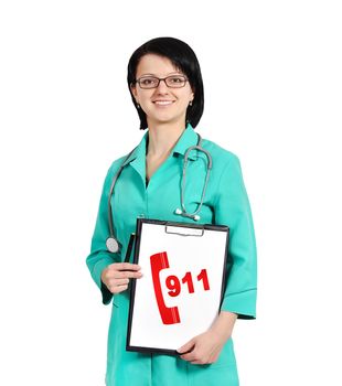 young female doctor holding clipboard with 911 symbol