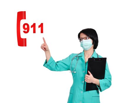 happy doctor pointing to 911 symbol