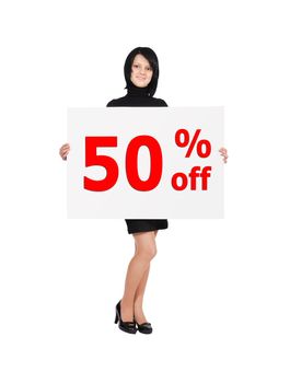 happy young woman holding discount  billboard