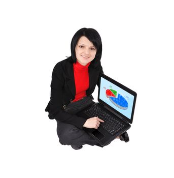 Young woman with laptop and pie chart on screen