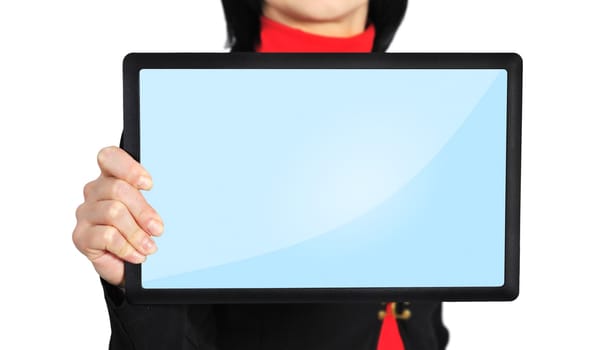 woman holding  touch pad with blank screen