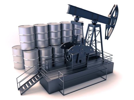 Production of oil: oil rig and barrels on a white background