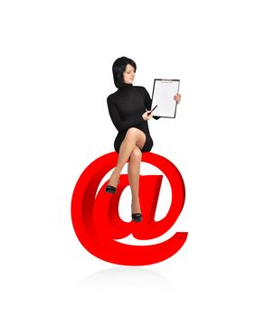 woman sitting on mail symbol with clipboard