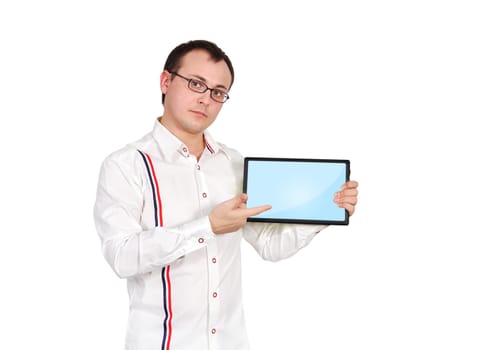 businessman holding touch pad on a white background