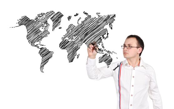 businessman drawing world map on a white background