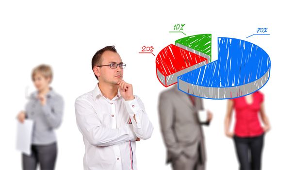 businessman looking at pie chart on a board invisible