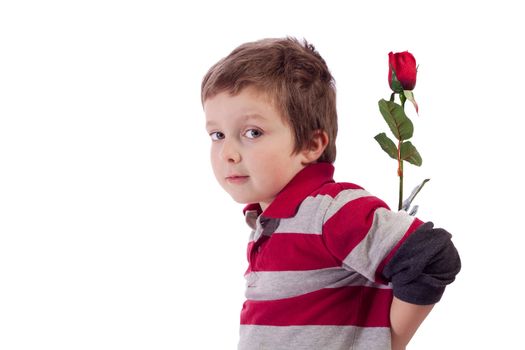 Cute little boy holding a red rose behind his back