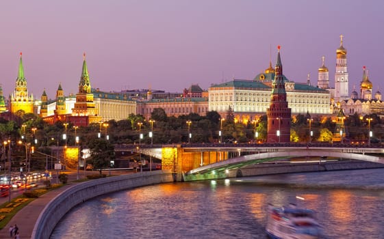 Russia, Moscow, night view of the Moskva River, Bridge and the Kremlin