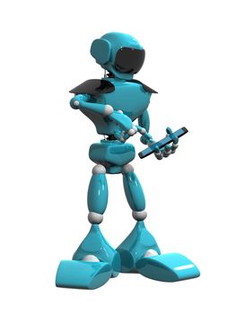 3d illustration of a blue robot and phone on white background