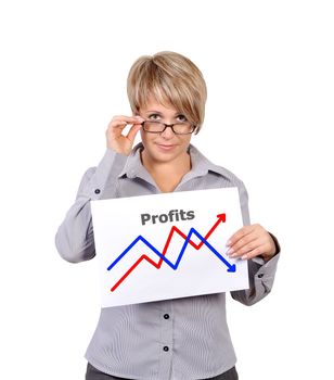 businesswoman holding a placard with profits