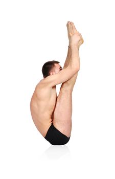man doing yoga on white background