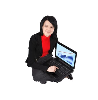 Young woman with laptop and chart on screen
